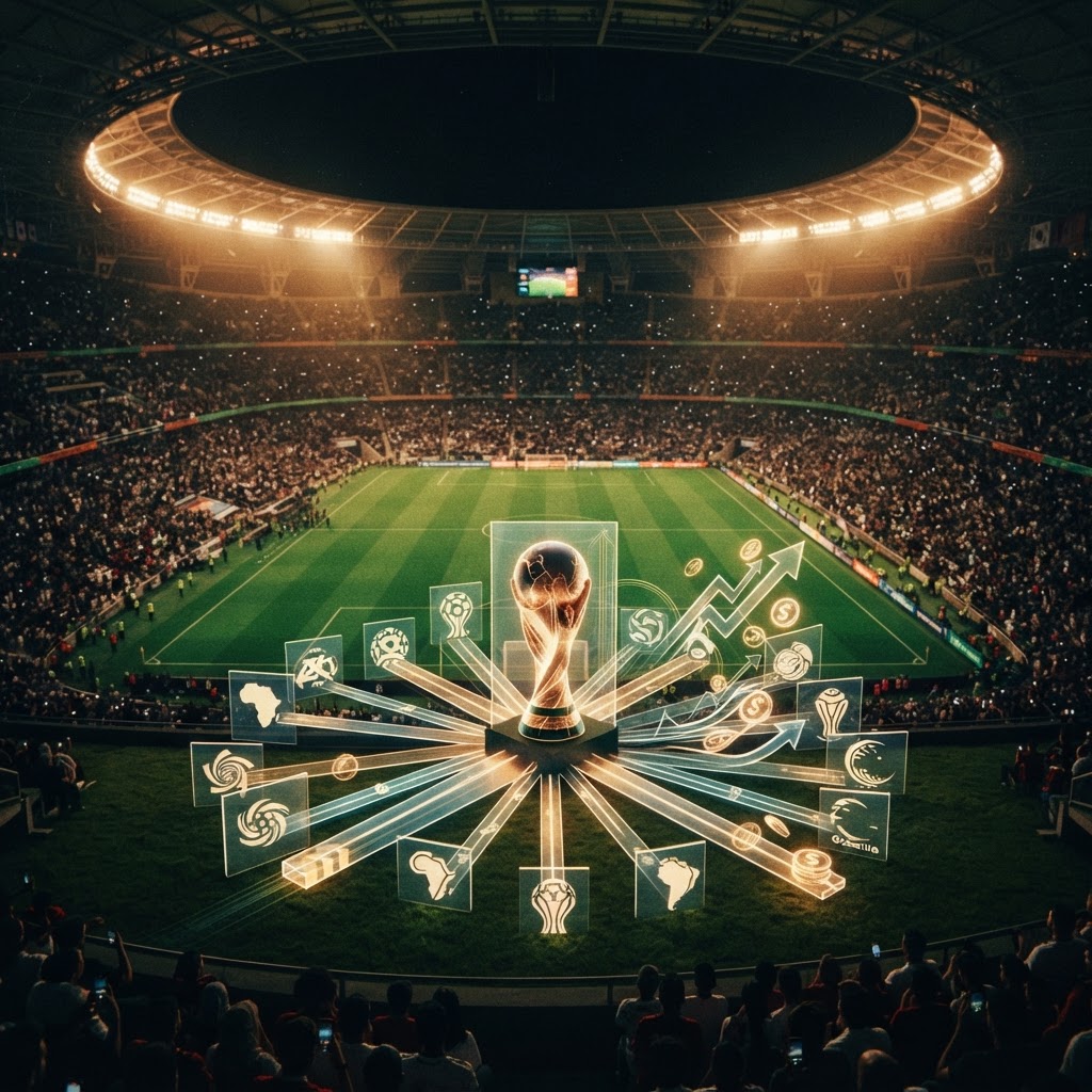 شعار كأس العالم لكرة القدم وشارات اتحادات كروية تعبر عن توزيع العائدات المالية بين الاتحادات الأعضاء في فيفا