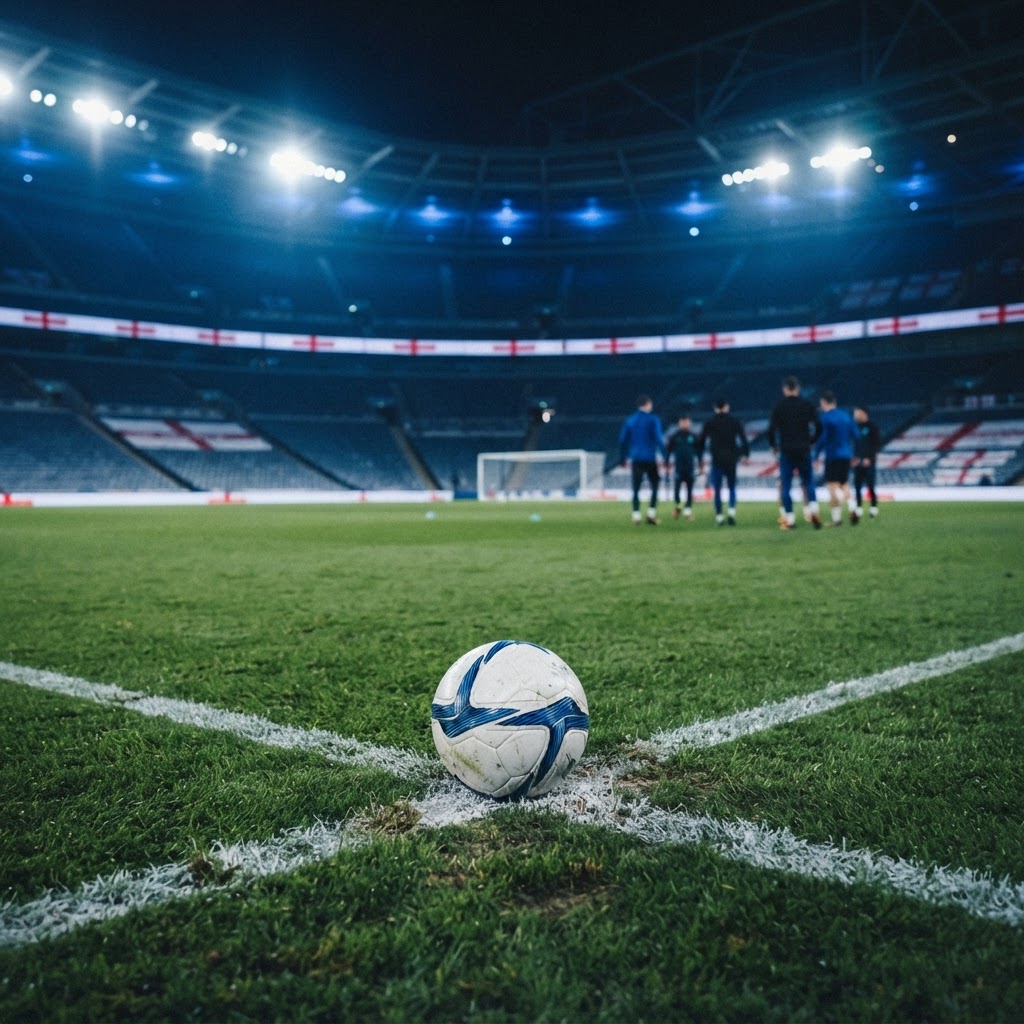 ملعب كرة قدم فارغ مع أعلام وأجواء مباراة دولية ترمز لمنتخب إنجلترا
