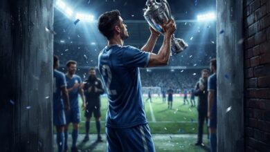 لاعب دفاع يرتدي زي فريق إنجليزي يحتفل برفع كأس بطولة في أجواء الدوري الإنجليزي الممتاز