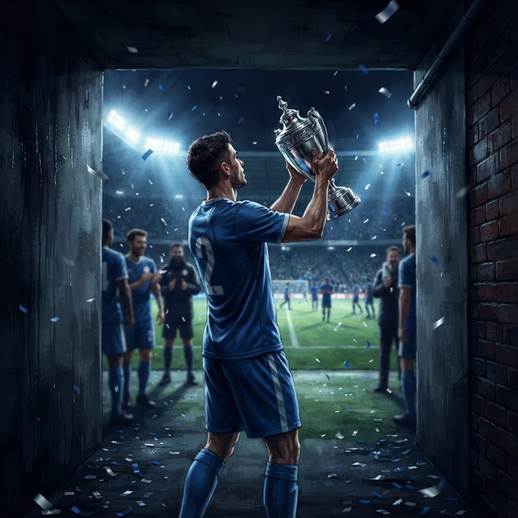 لاعب دفاع يرتدي زي فريق إنجليزي يحتفل برفع كأس بطولة في أجواء الدوري الإنجليزي الممتاز
